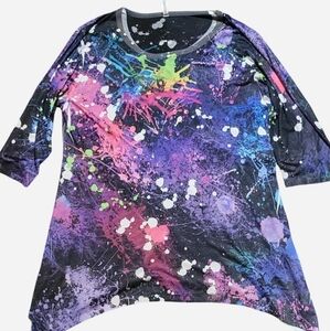 multicolor paint splatter tunic dress with shark bite hem